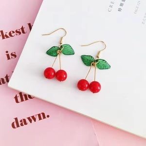 cherry earrings with green leaves stylish design